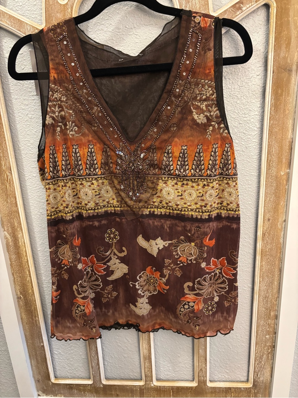 Embellished Brown Floral V-Neck Sleeveless Blouse